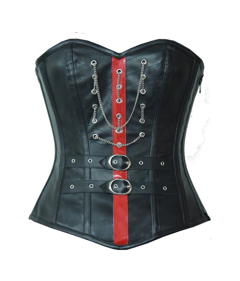 Chiesa Black Leather Overbust Corset With Red PVC Stripe - Shearling leather