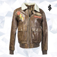 Load image into Gallery viewer, BROWN LEATHER AVIATOR JACKET WITH BADGES - Shearling leather
