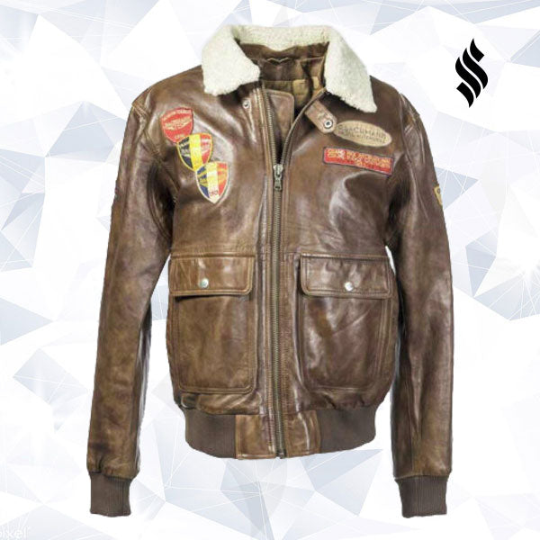 BROWN LEATHER AVIATOR JACKET WITH BADGES - Shearling leather