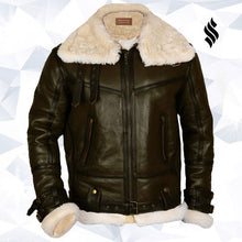 Load image into Gallery viewer, Army Green Men B3 Bomber Shearling Leather Jacket
