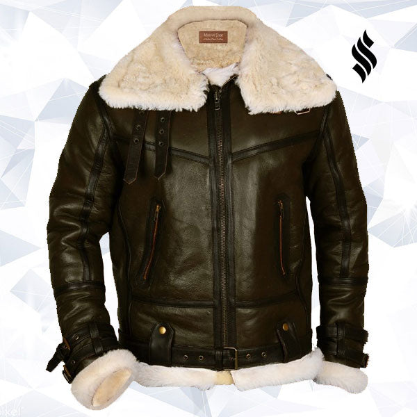 Army Green Men B3 Bomber Shearling Leather Jacket