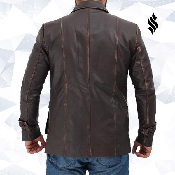 Atlanta Rough Four Button Pockets Man Distressed Brown Leather Jacket - Shearling leather