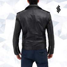 Load image into Gallery viewer, Belted Black Mens Motorcycle Racing Aviator Style Rider Leather Jacket - Shearling leather
