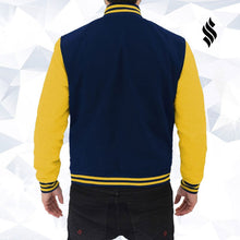 Load image into Gallery viewer, Blue and Yellow Varsity Jacket Mens - Shearling leather
