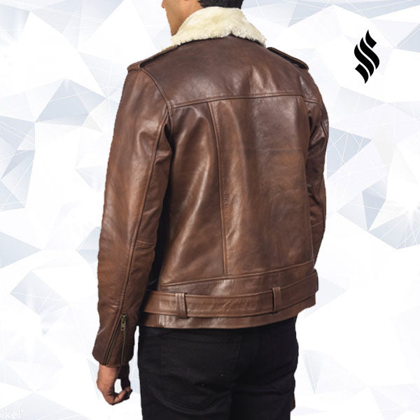 Furton Brown Leather Biker Jacket - Shearling leather