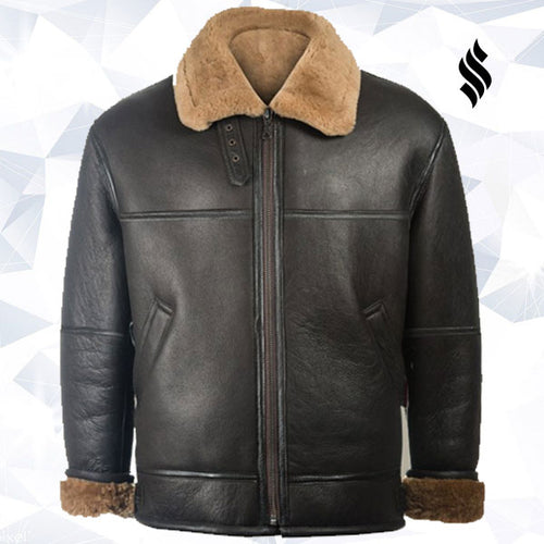 Men Black Aviator Shearling Jacket - Shearling leather