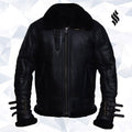 Men Black Biker Shearling Jacket - Shearling leather