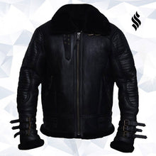 Load image into Gallery viewer, Men Black Biker Shearling Jacket - Shearling leather

