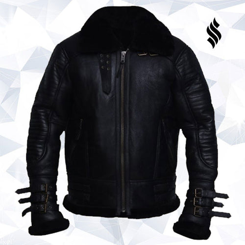 Men Black Biker Shearling Jacket - Shearling leather