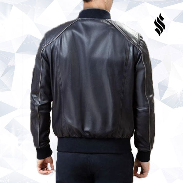 Men Black Bomber Jacket - Shearling leather