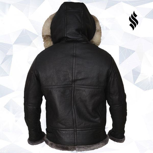 Men Black Shearling Jacket With Hoodie - Shearling leather