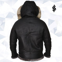 Load image into Gallery viewer, Men Black Shearling Jacket With Hoodie - Shearling leather
