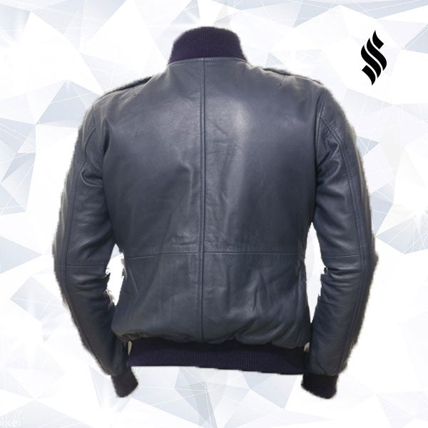 Men Blue Bomber Leather Jacket - Shearling leather