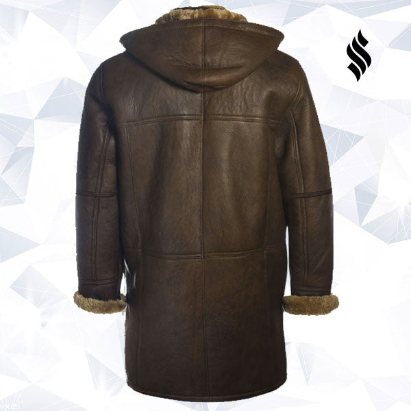 Men Brown Shearling Hoodie Coat - Shearling Leather Jacket