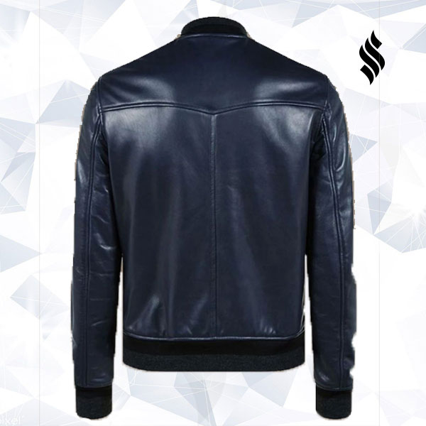 Men Navy Blue Bomber Jacket - Shearling leather