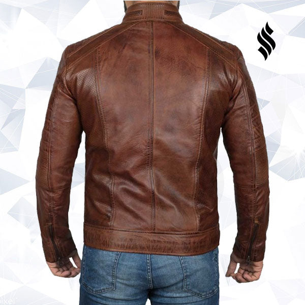 Mens Cognac Brown Motorcycle Distressed Leather Jacket - Shearling leather