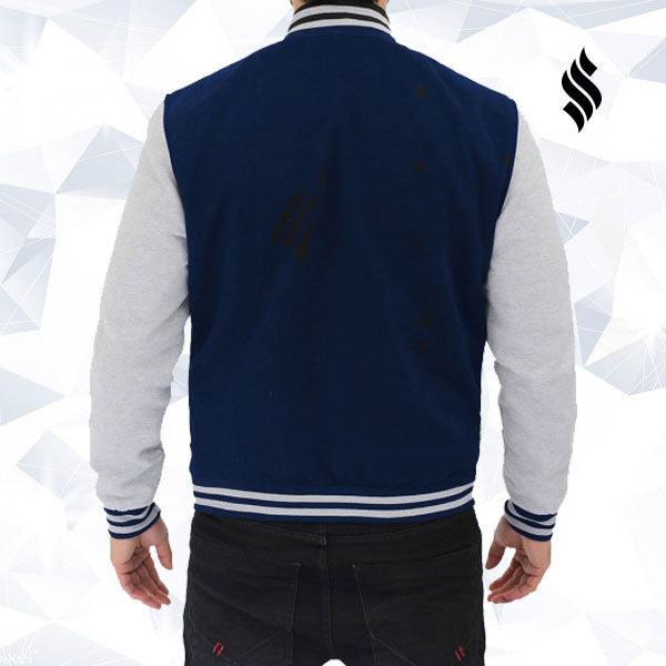 Navy Blue and Gray Varsity Jacket Mens - Shearling leather