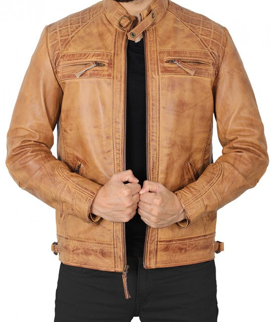Johnson Camel Quilted Leather Motorcycle Jacket