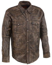 Load image into Gallery viewer, Leather Men&#39;s Distressed Brown Light Leather Snap Front Shirt
