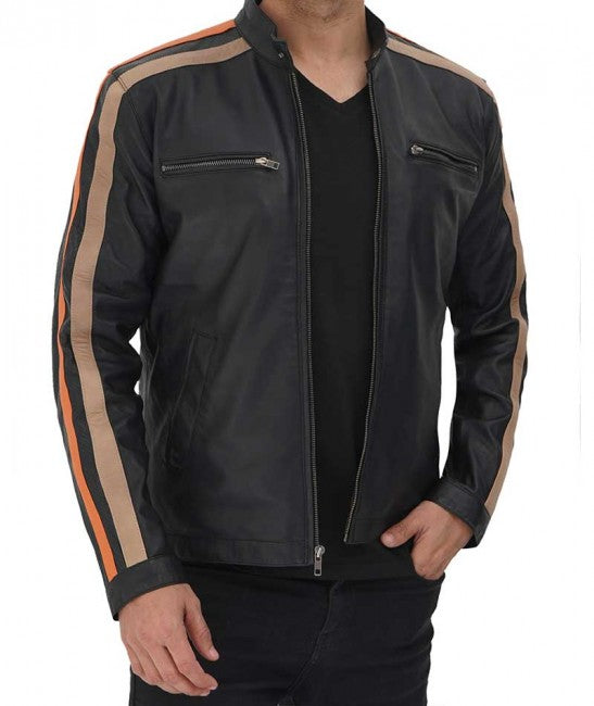 Striped Black Leather Cafe Racer Style Motorbike Riding Biker Motorcycle Jacket for Men