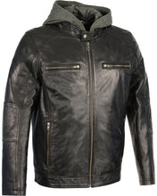 Load image into Gallery viewer, Men&#39;s Snap Collar Leather Moto Jacket w/ Removable Hood
