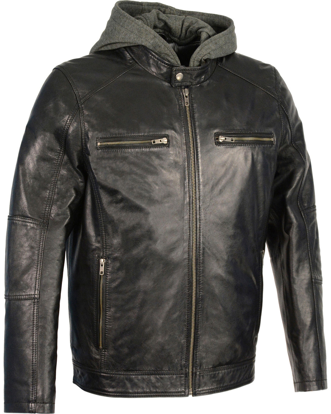 Men's Snap Collar Leather Moto Jacket w/ Removable Hood