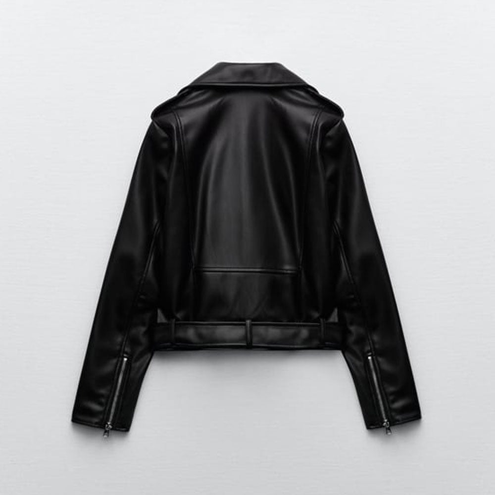 Black Women's Motorcycle Sheepskin Biker Leather Jacket