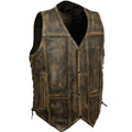Brown distressed leather biker vest with a classic four snap front, side lacing detail, and multiple pockets.