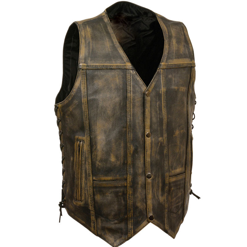 Brown distressed leather biker vest with a classic four snap front, side lacing detail, and multiple pockets.