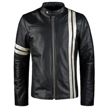 Load image into Gallery viewer, Mens Black Leather Biker Jacket With White Stripes
