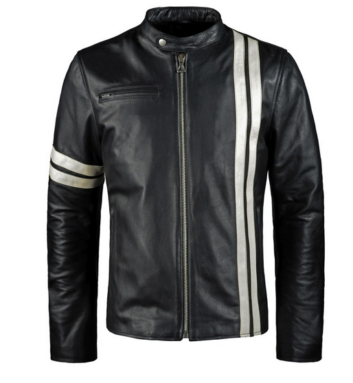 Mens Black Leather Biker Jacket With White Stripes