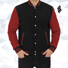 Load image into Gallery viewer, Black and Maroon Varsity Jacket Mens - Shearling leather

