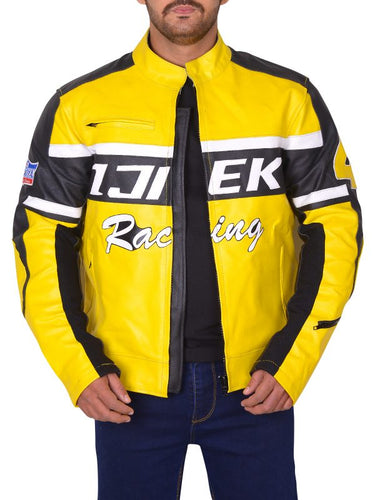 Black & Yellow Biker Leather Jacket - Shearling leather