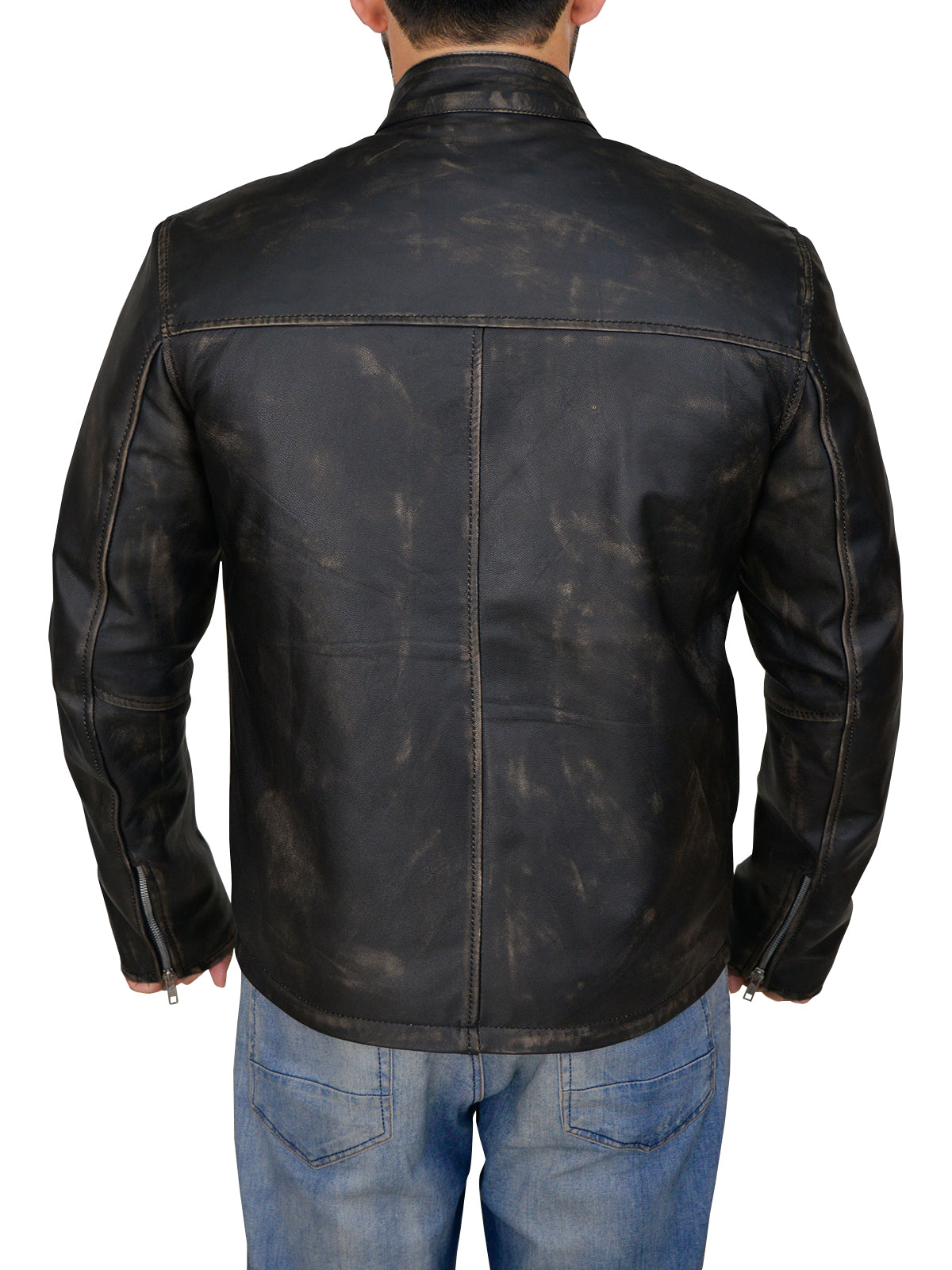 Men Distressed Black Cafe Racer Jacket - Shearling leather