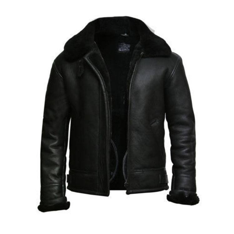 Black Aviator Fur Collar Genuine Leather Jacket - Shearling Bomber Leather Jacket