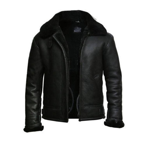 Black Aviator Fur Collar Genuine Leather Jacket - Shearling Bomber Leather Jacket