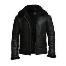 Load image into Gallery viewer, Black Aviator Fur Collar Genuine Leather Jacket - Shearling Bomber Leather Jacket
