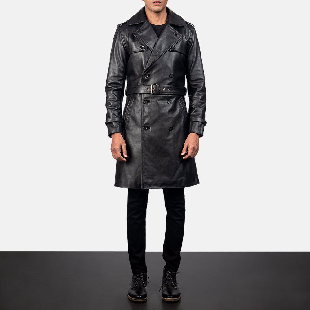 Mens Black Sheepskin Leather Duster Belted Coat