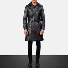 Load image into Gallery viewer, Mens Black Sheepskin Leather Duster Belted Coat
