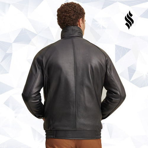 Black Lined Leather Bomber Jacket - Shearling leather