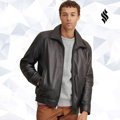 Black Lined Leather Bomber Jacket - Shearling leather