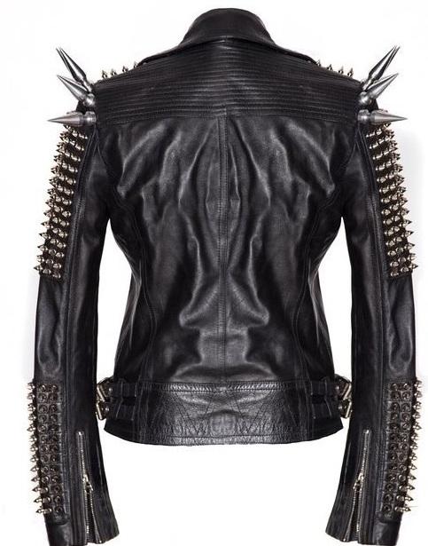 Black Women Genuine Classical Punk Style Leather Jacket Large Spike Silver Studs - Shearling leather