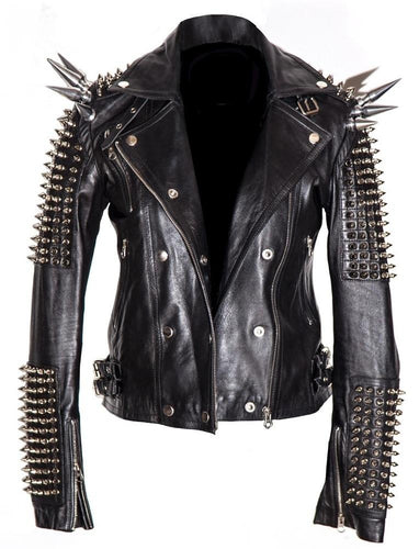 Black Women Genuine Classical Punk Style Leather Jacket Large Spike Silver Studs - Shearling leather