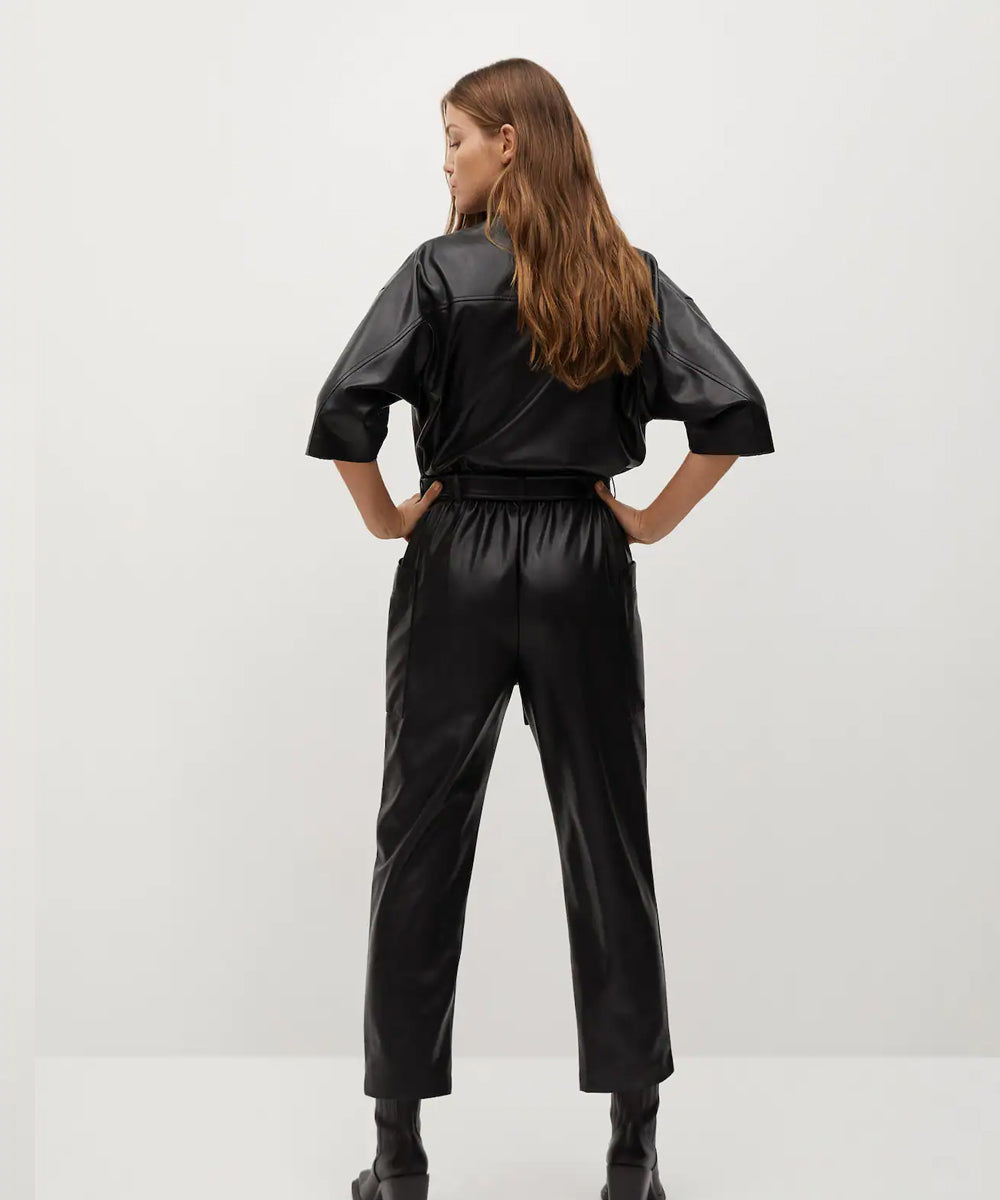 Black Women's One Piece Real Leather Dress Jumpsuit