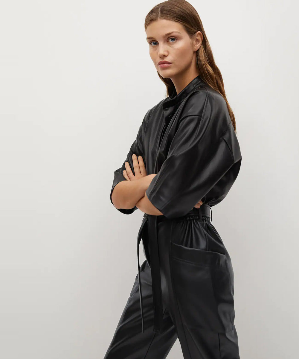 Black Women's One Piece Real Leather Dress Jumpsuit