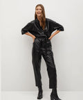 Black Women's One Piece Real Leather Dress Jumpsuit