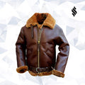 Brown Bomber Single Belted Leather Jacket Mens - Shearling leather