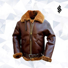 Load image into Gallery viewer, Brown Bomber Single Belted Leather Jacket Mens - Shearling leather

