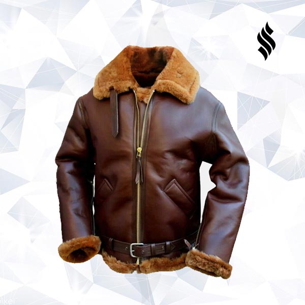 Brown Bomber Single Belted Leather Jacket Mens - Shearling leather
