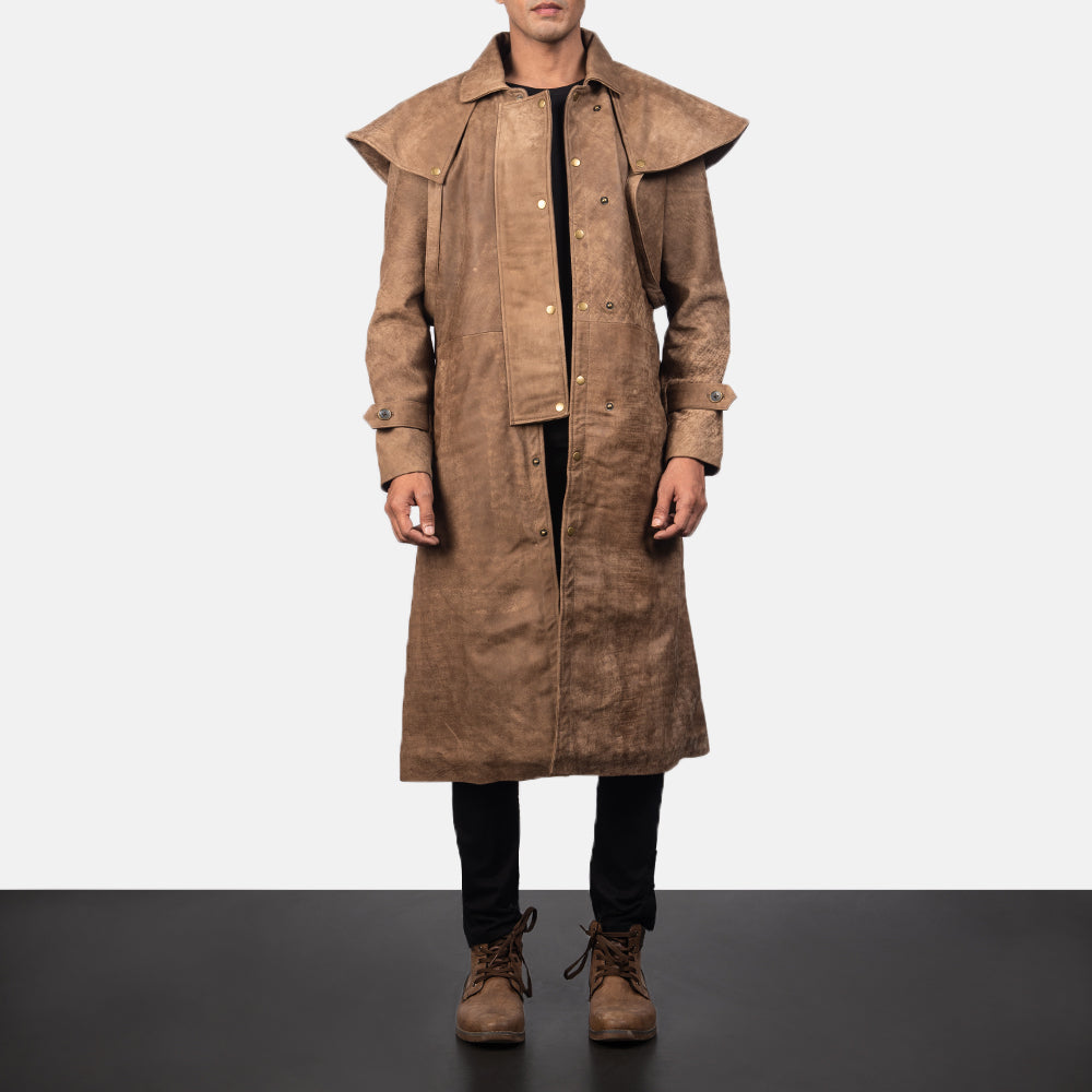 Brown Sheepskin Leather Trench Duster Coat Mens